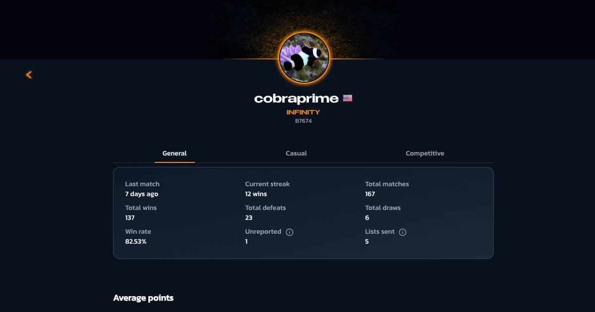 Captura del perfil de jugador en CorvuSphere