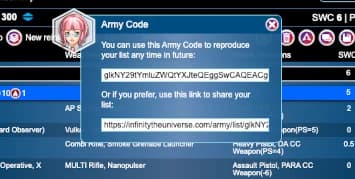 Infinity Army Builder list sharing options